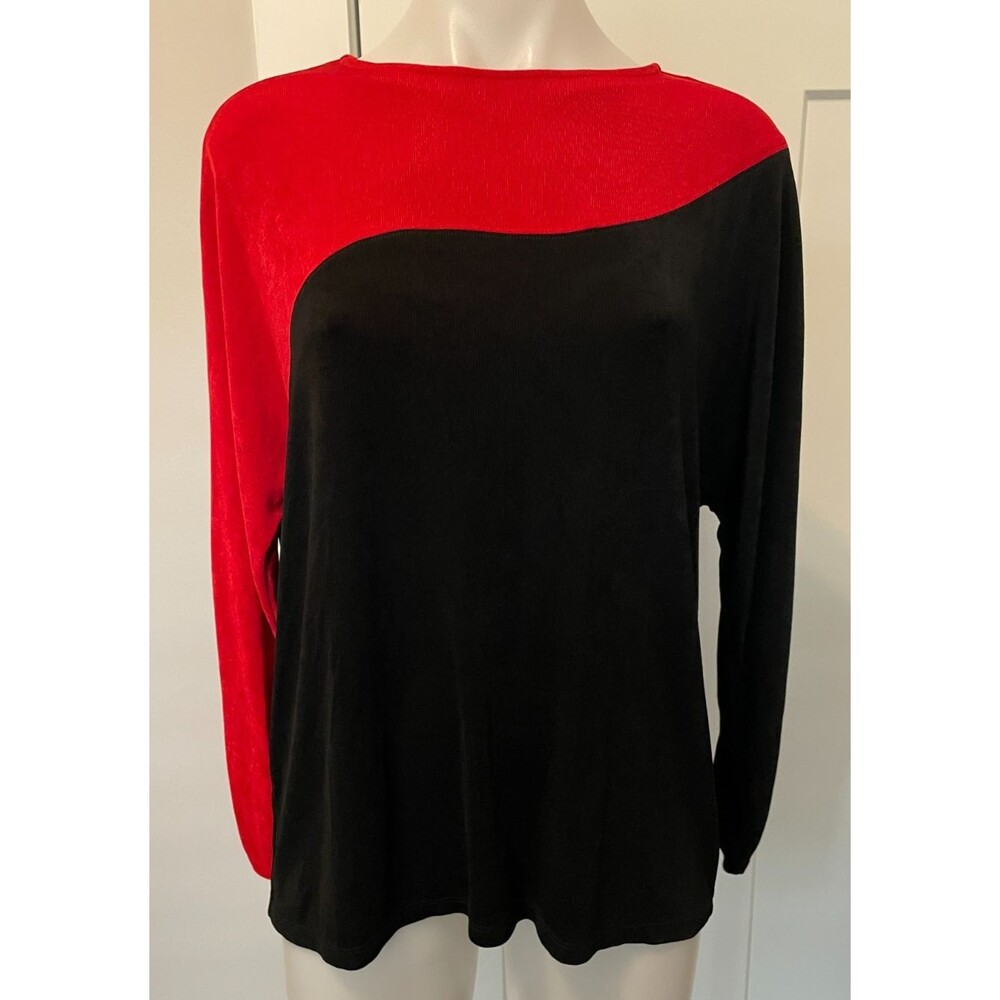 CHICOS Travelers Womens Knit TOP Long Sleeve BLACK Red Size 1 (8/10)